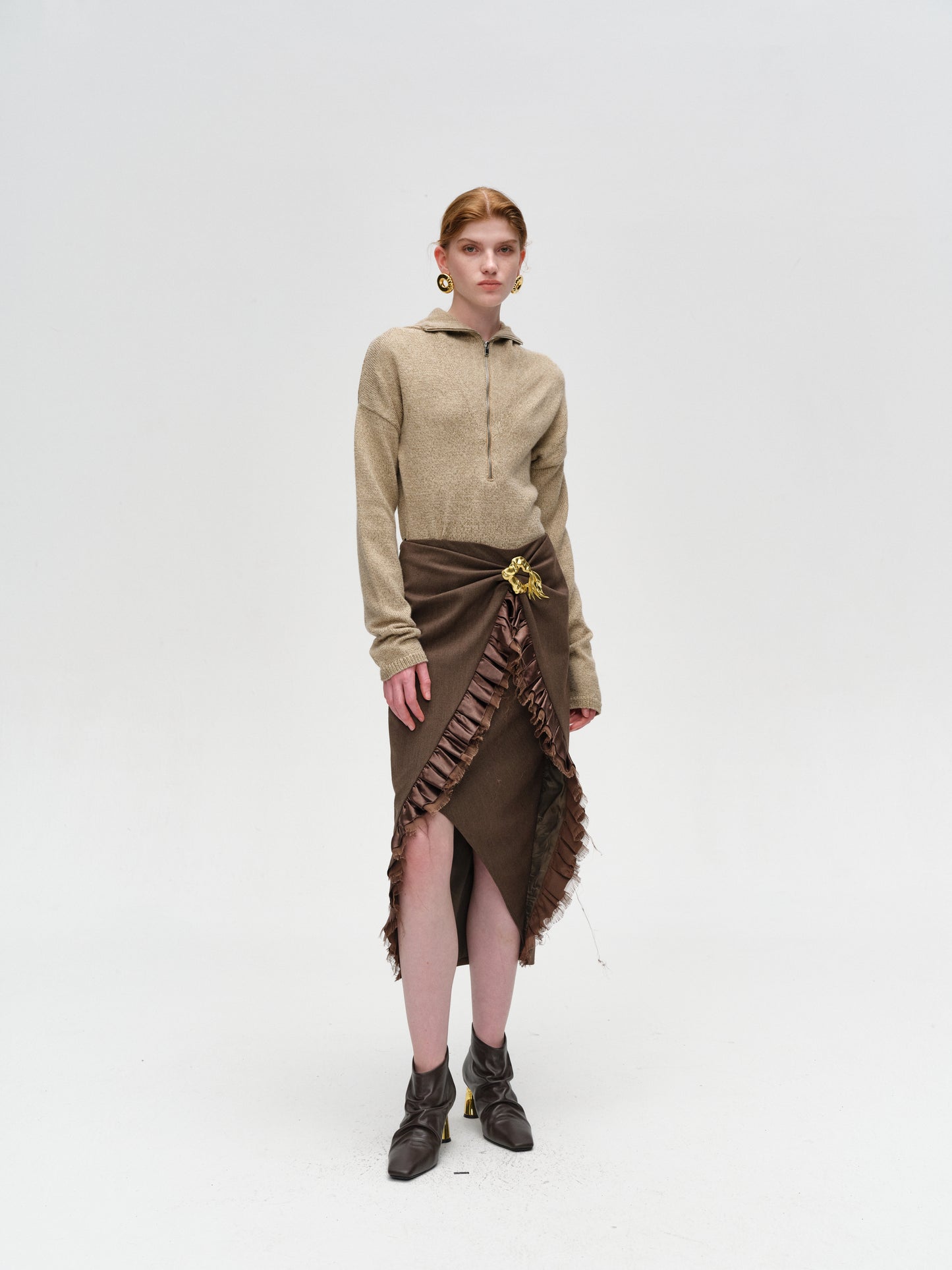 Deep Khaki Ruffle-Edge Panel Lambskin Skirt