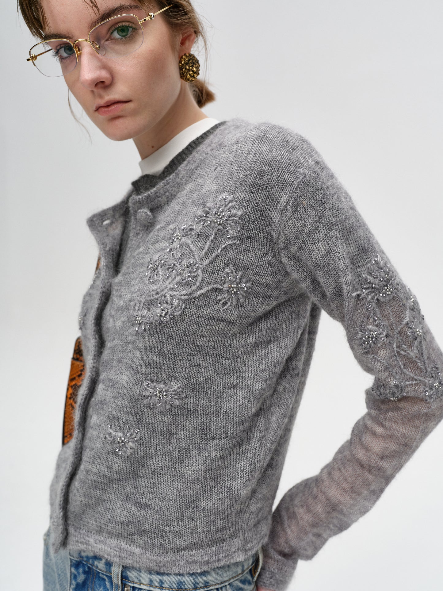 Gray Hand-embroidered Beaded Epiphyllum Wool Knit Sweater