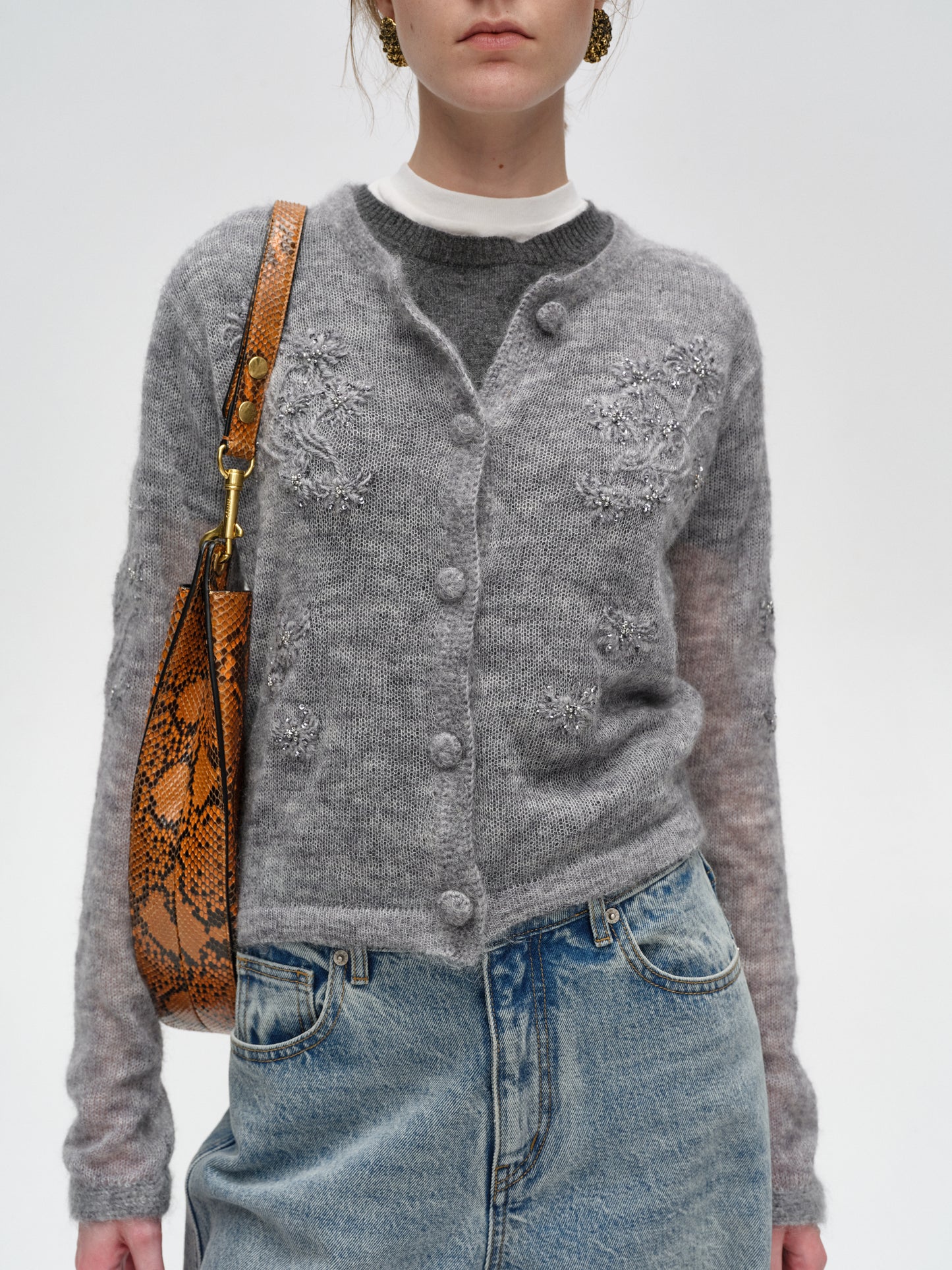 Gray Hand-embroidered Beaded Epiphyllum Wool Knit Sweater