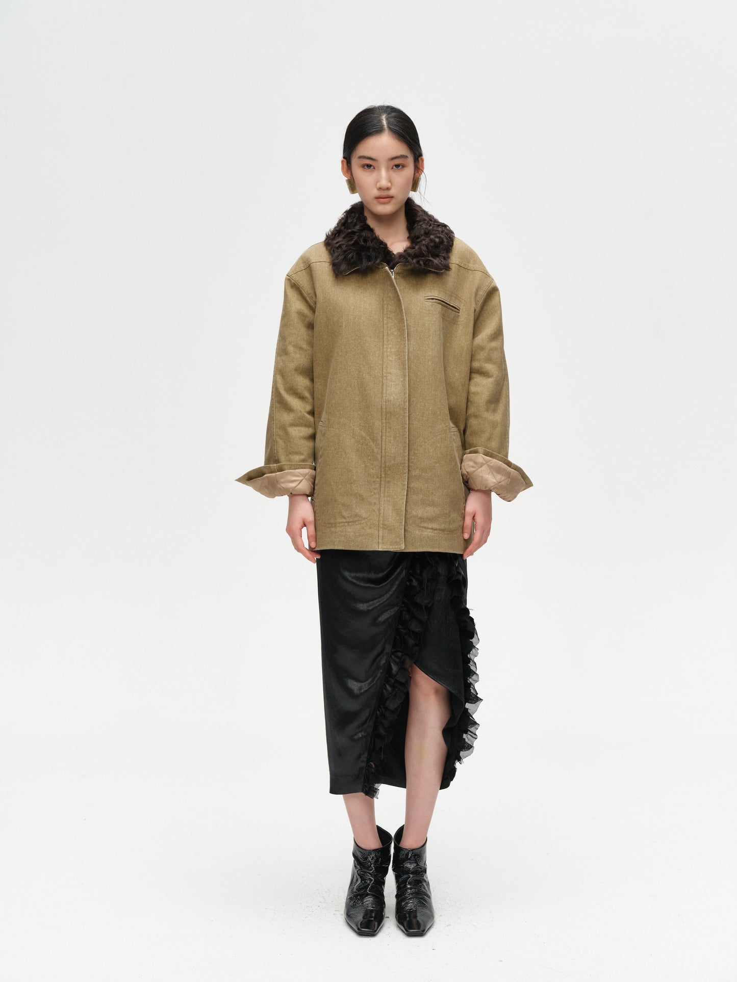 Khaki Wool Collar Minimalist Coat