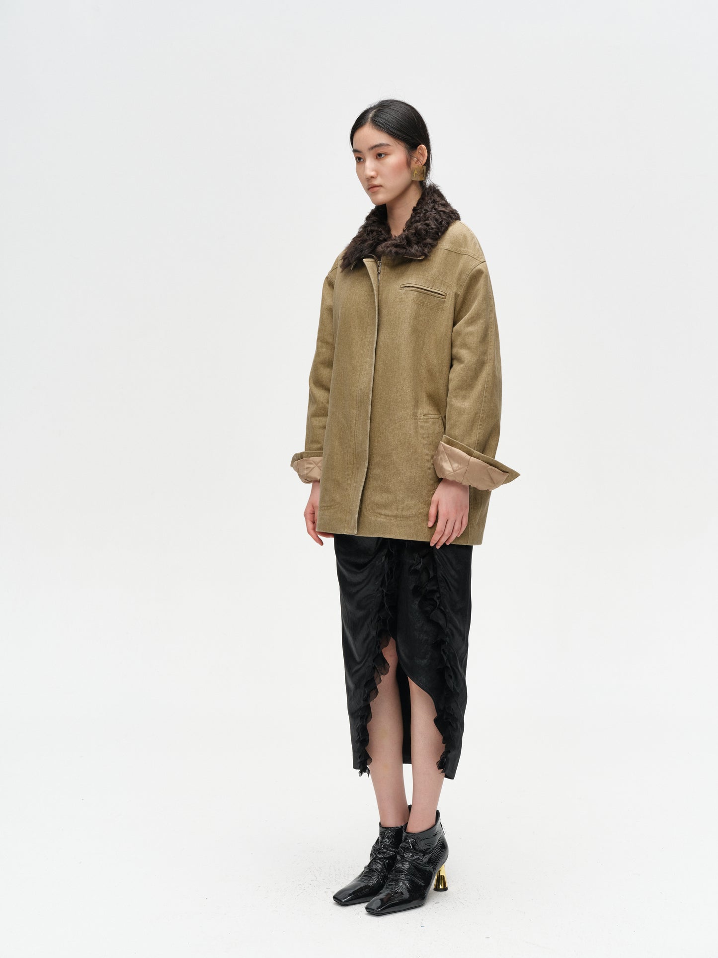 Khaki Wool Collar Minimalist Coat