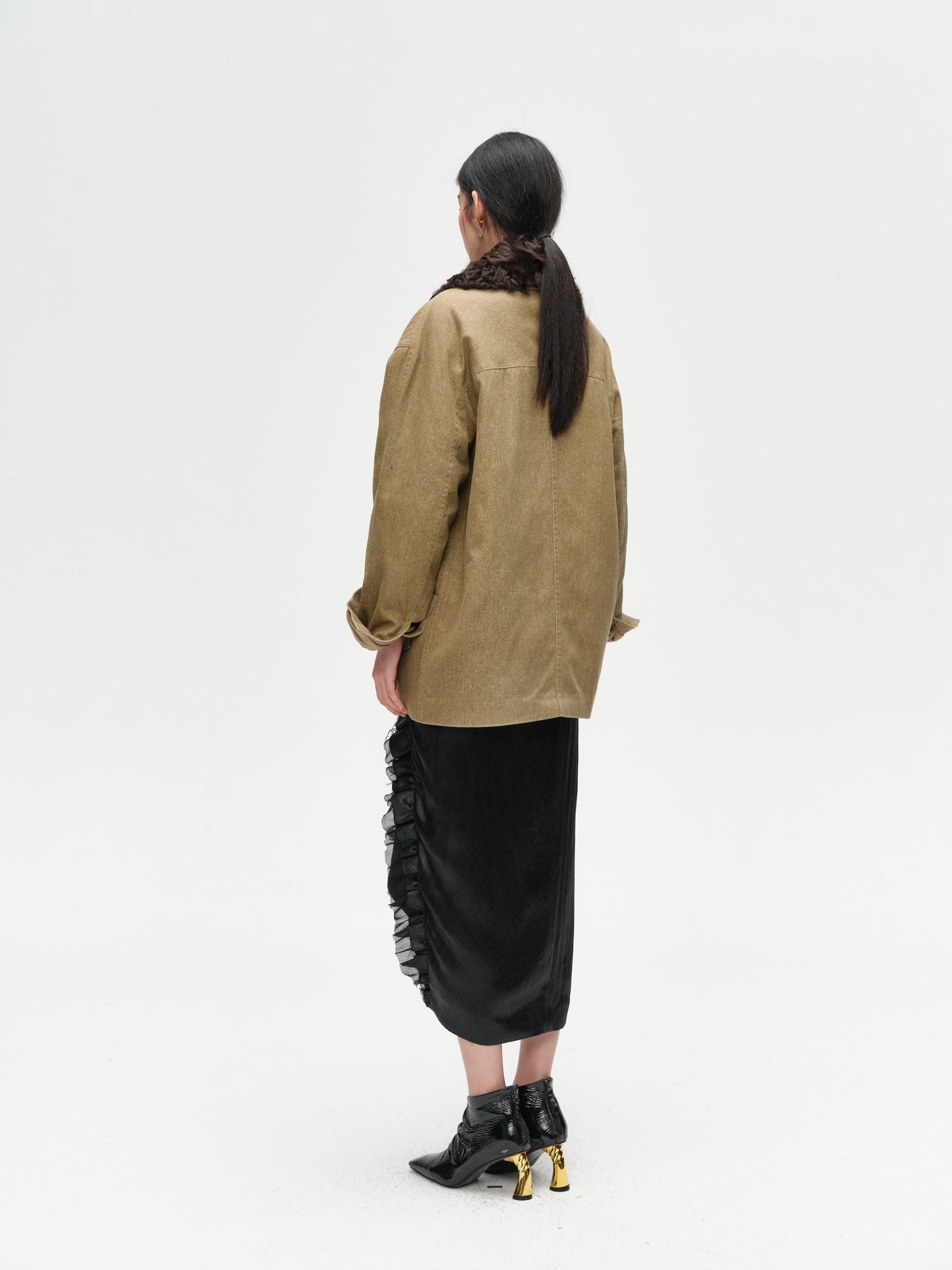 Khaki Wool Collar Minimalist Coat