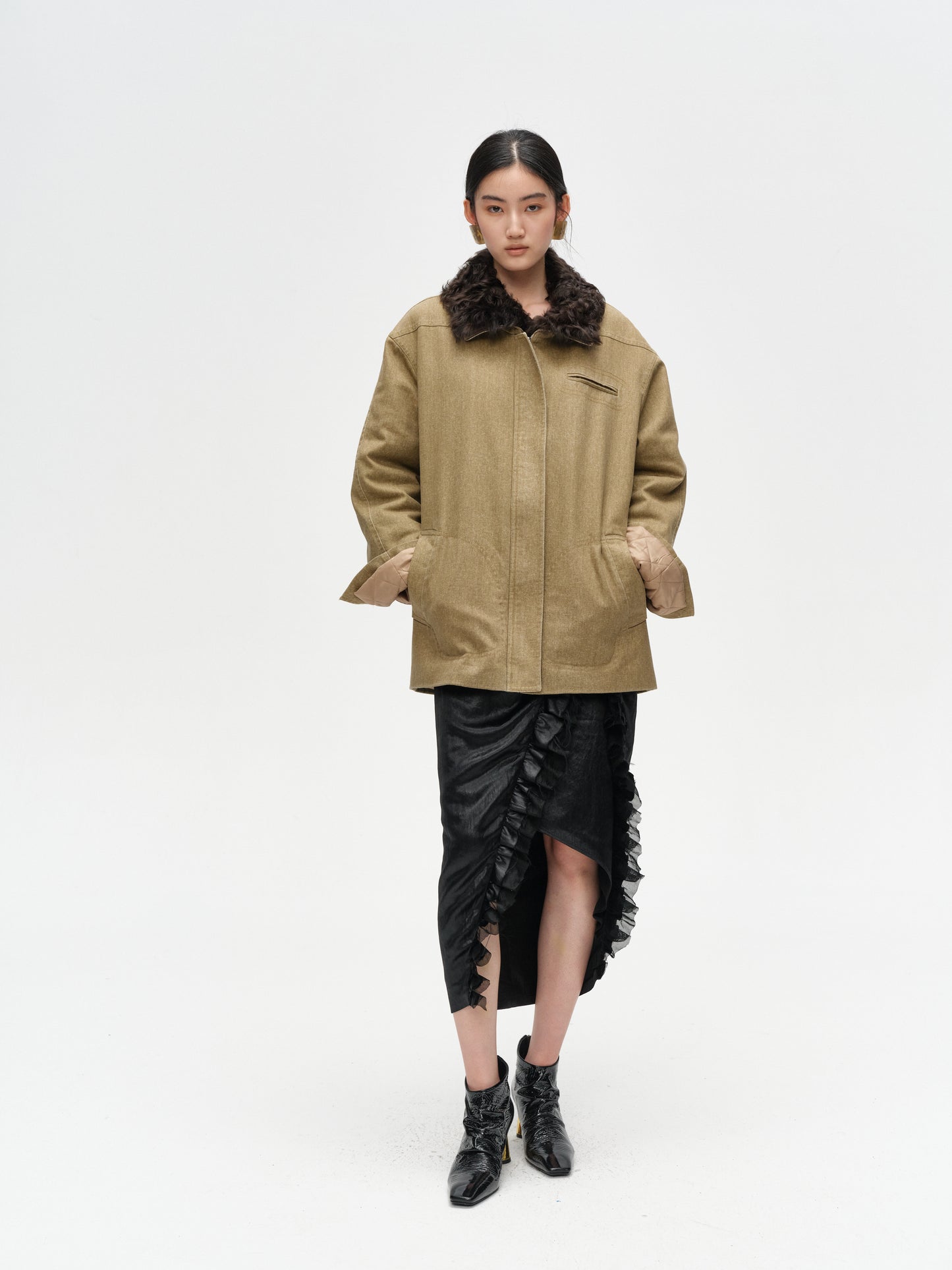 Khaki Wool Collar Minimalist Coat