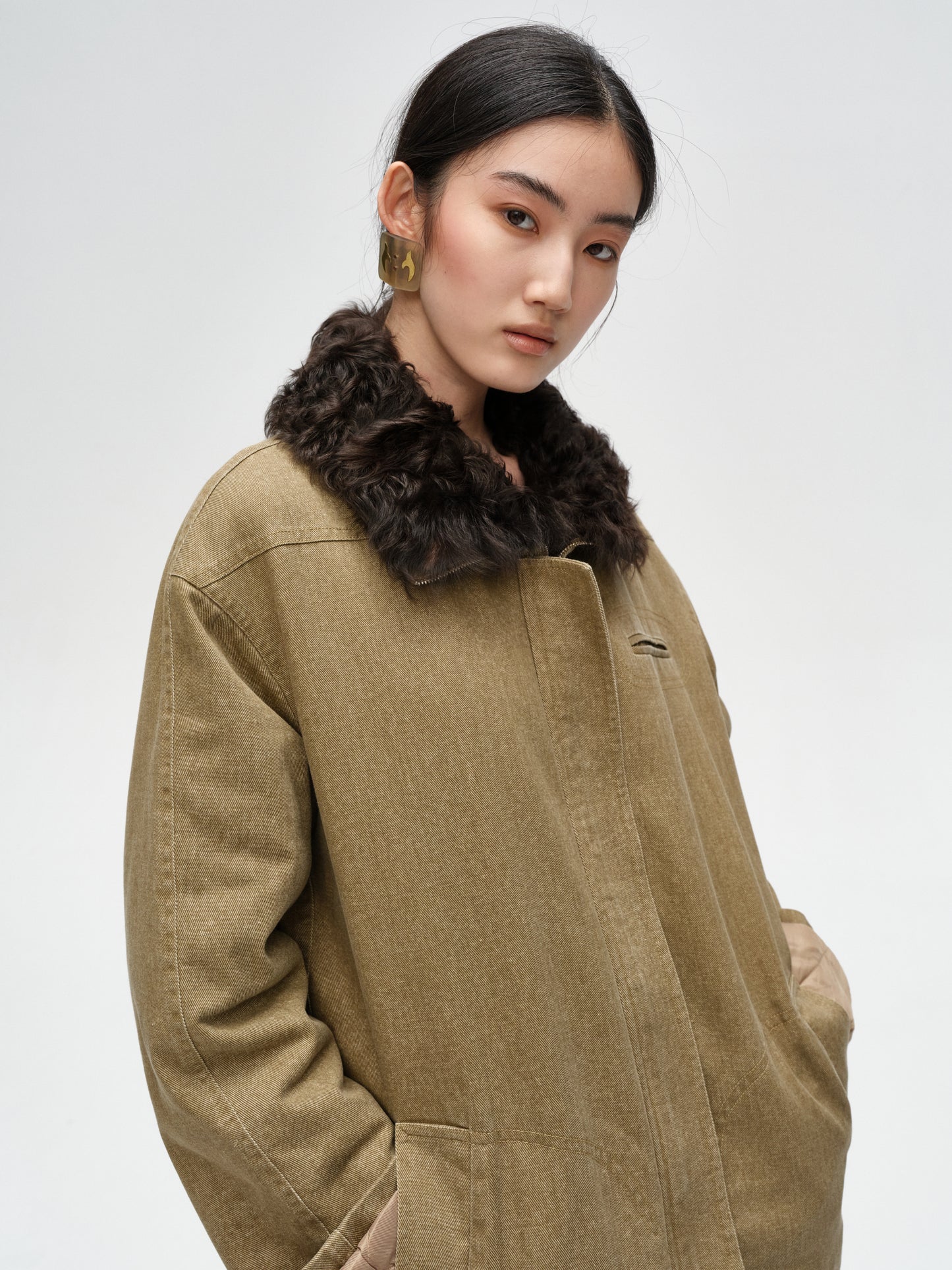 Khaki Wool Collar Minimalist Coat