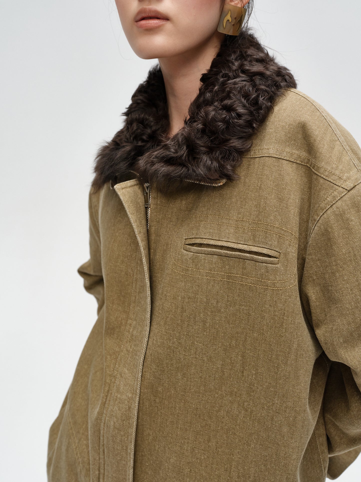 Khaki Wool Collar Minimalist Coat