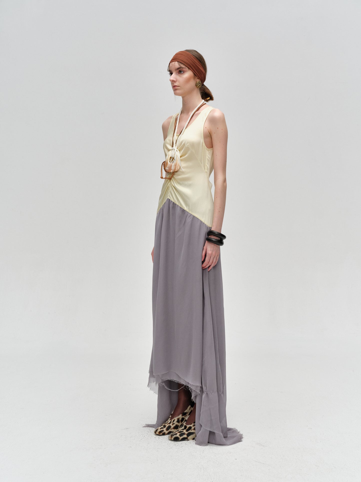 Yellow Gray Color-Blocked Pleated Dress