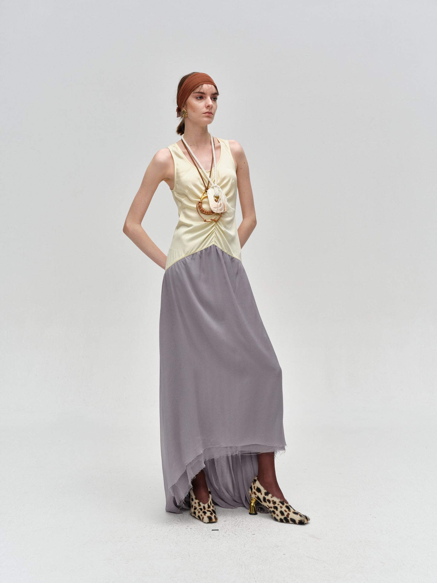 Yellow Gray Color-Blocked Pleated Dress