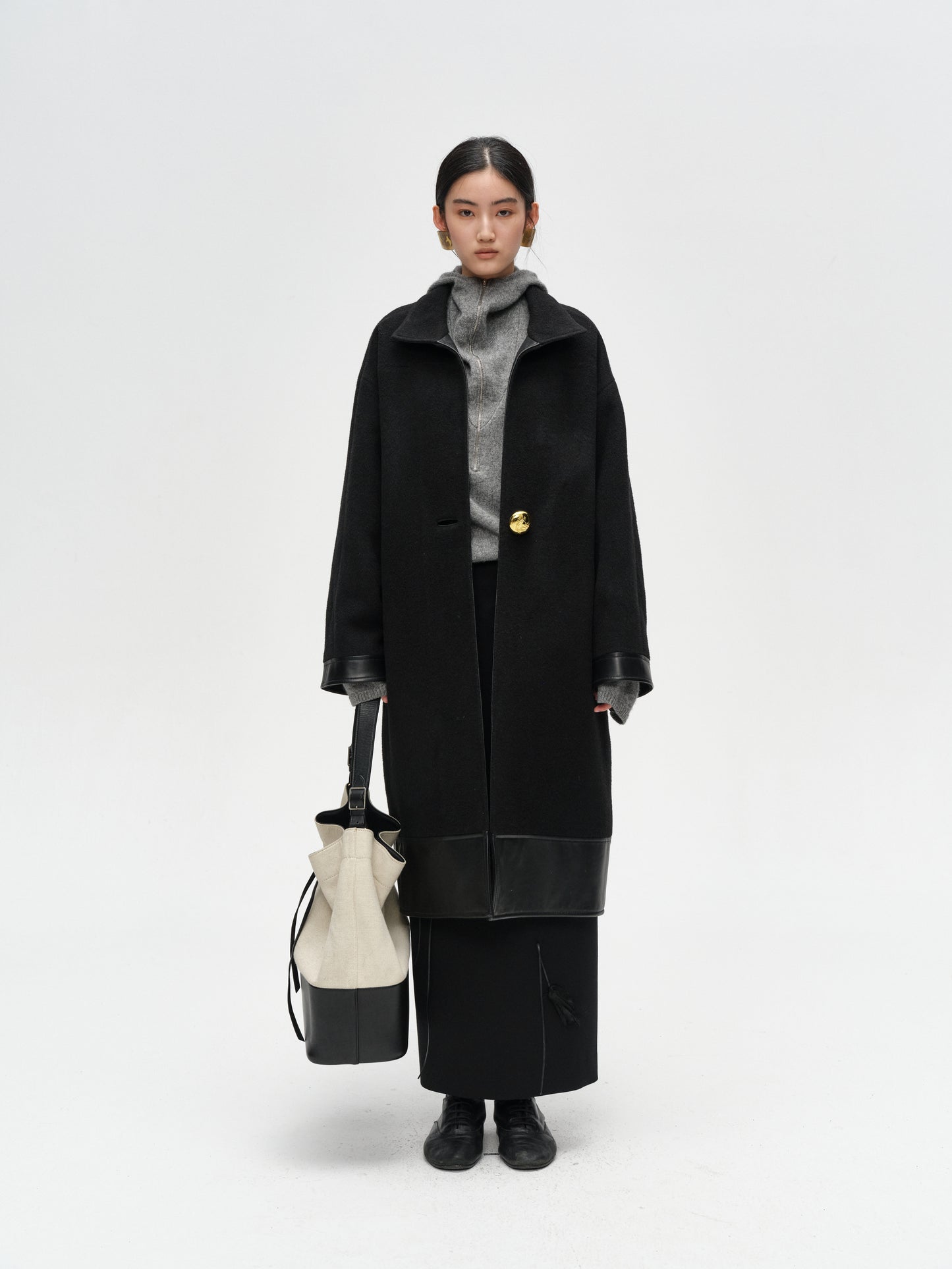 Black One-Button Lamb Wool Coat