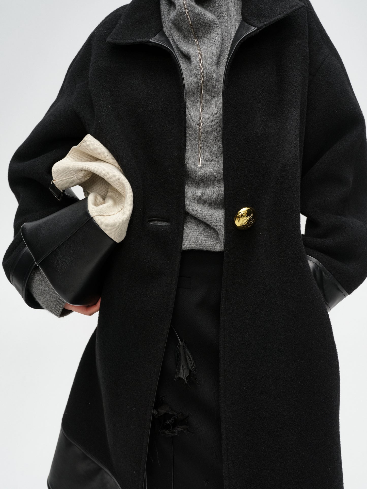 Black One-Button Lamb Wool Coat