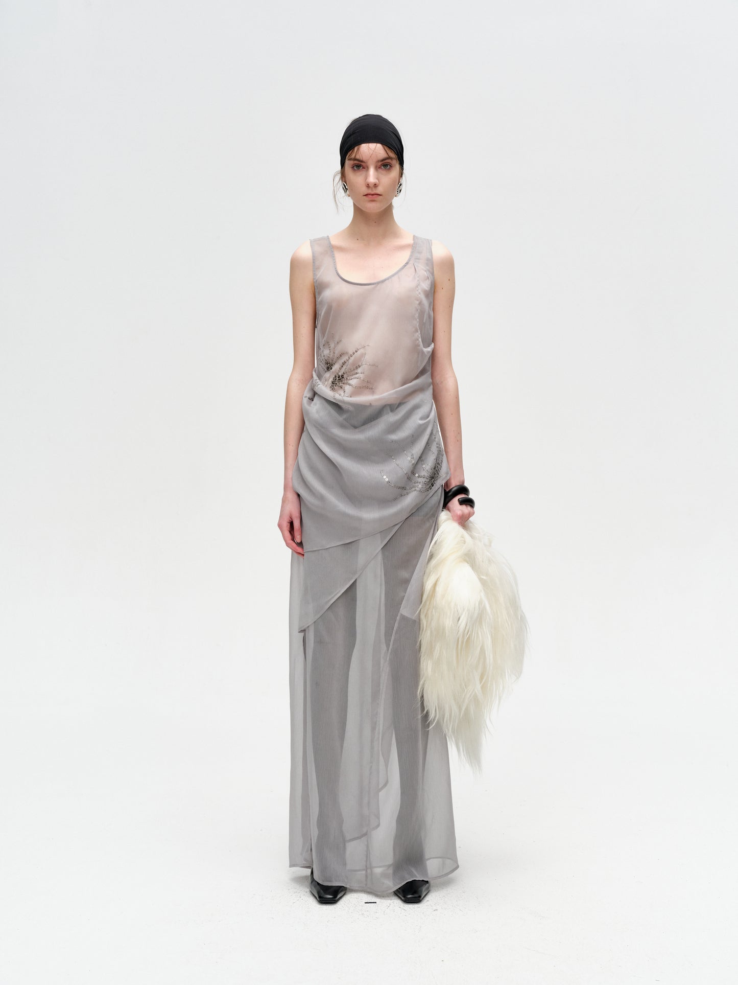 Gray Pleated Shimmering Layered Sheer Dress