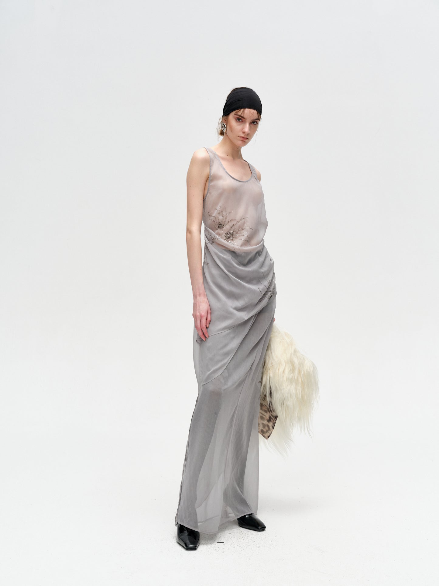 Gray Pleated Shimmering Layered Sheer Dress