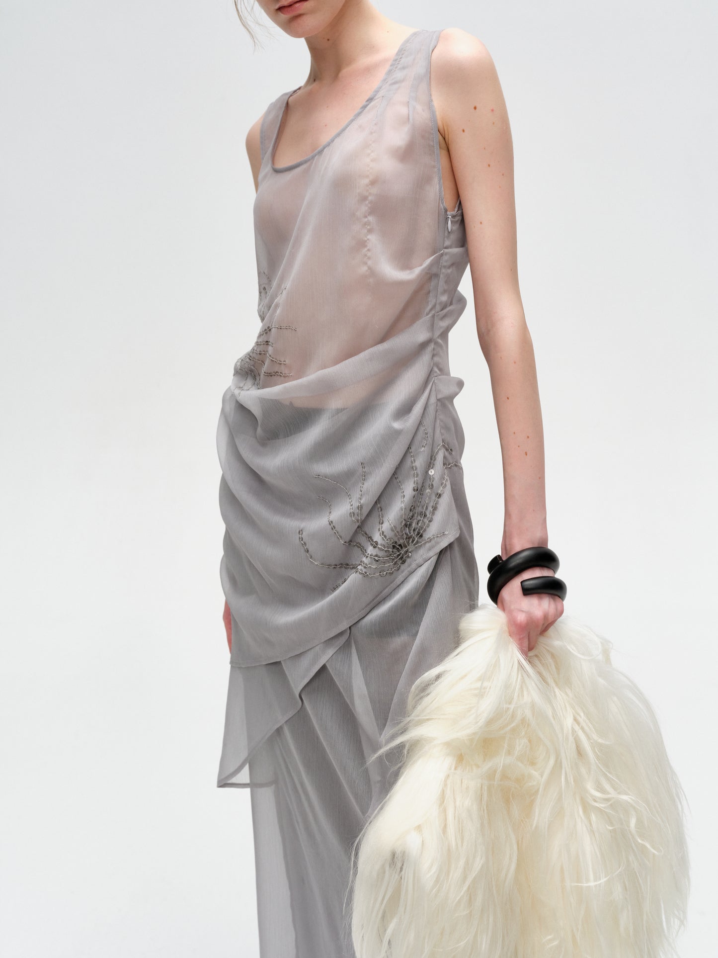 Gray Pleated Shimmering Layered Sheer Dress