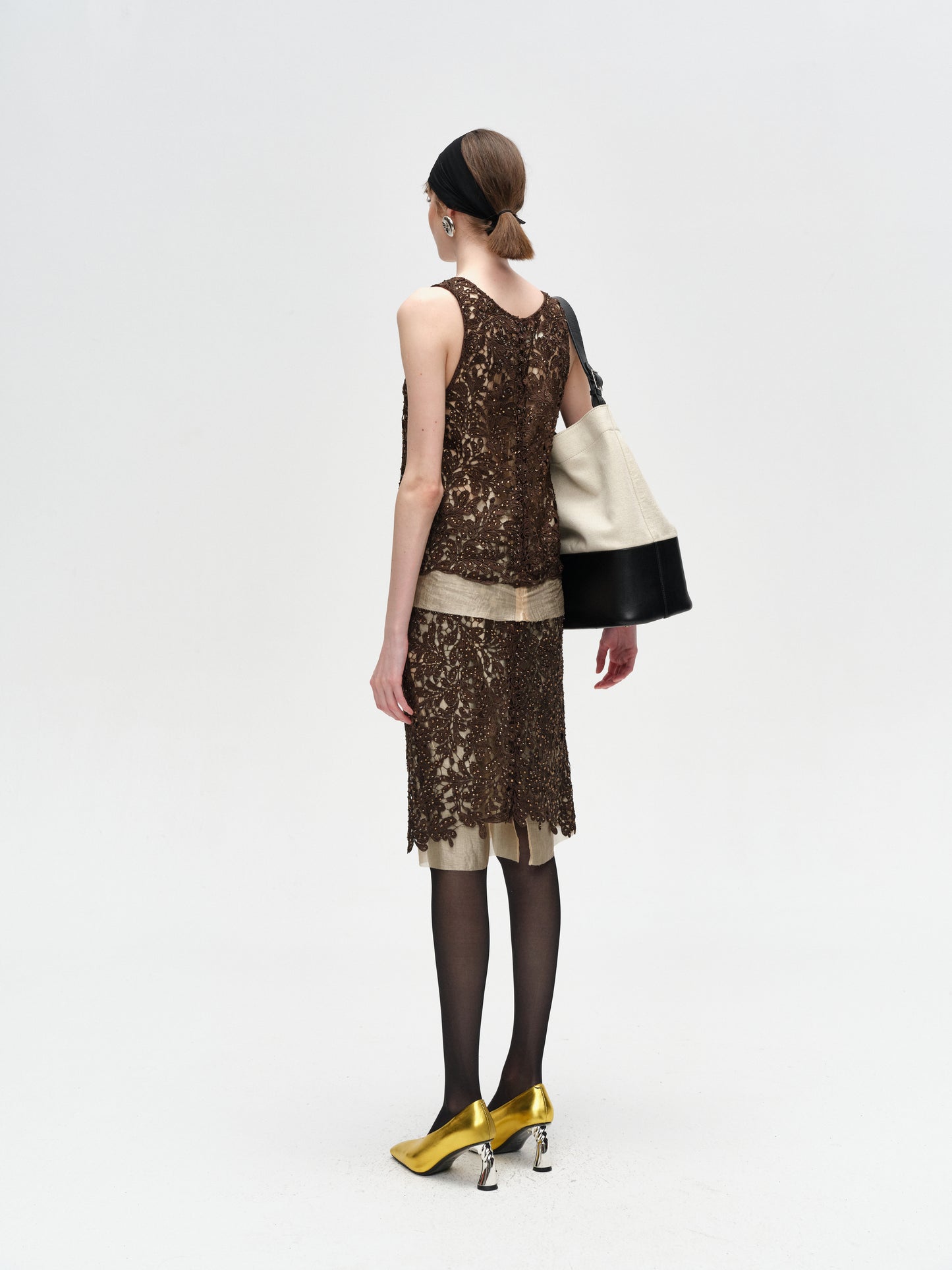 Brown Rhinestone-Studded Double-Layer Lace Skirt