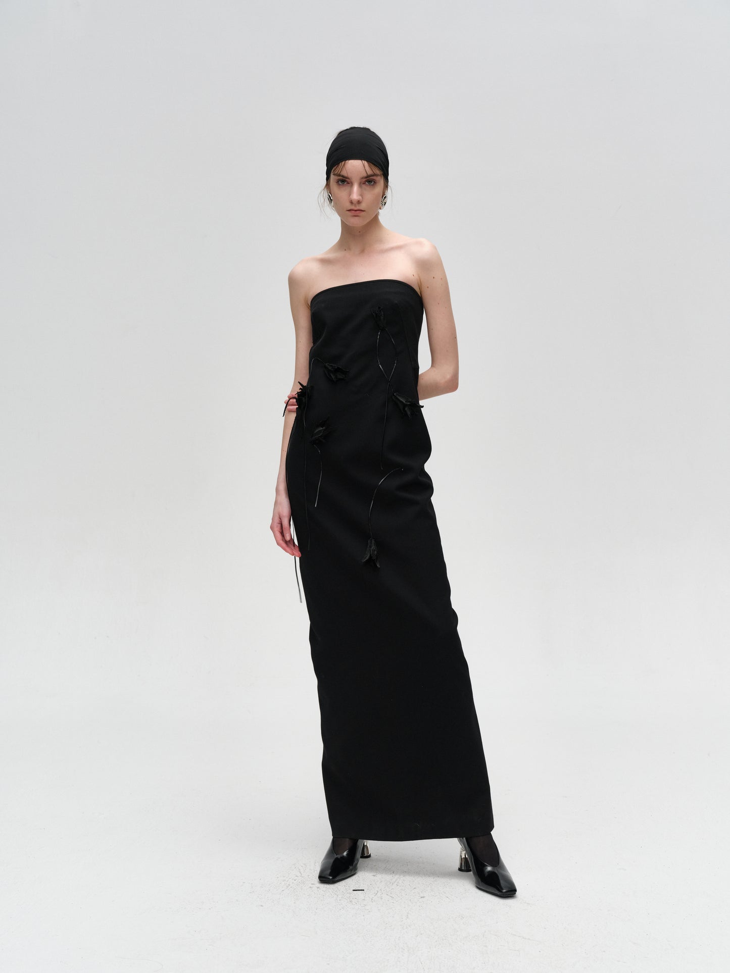 Black Hand-Embroidered Flower Bustier Dress