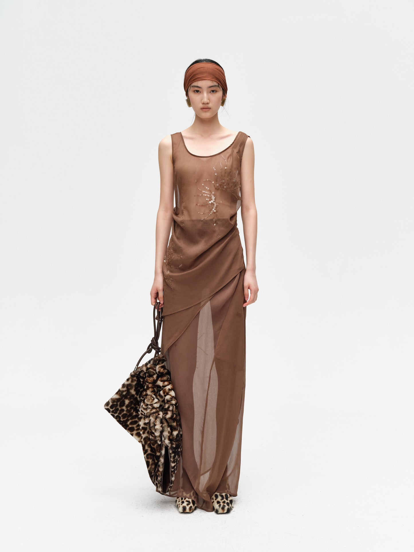 Brown Pleated Shimmering Layered Sheer Dress