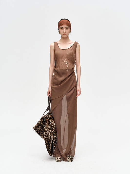 Brown Pleated Shimmering Layered Sheer Dress