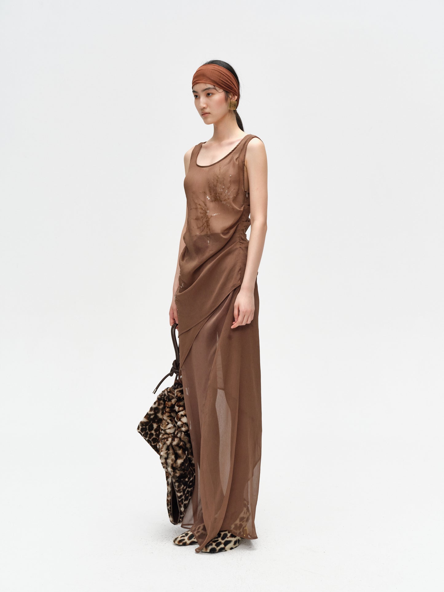 Brown Pleated Shimmering Layered Sheer Dress