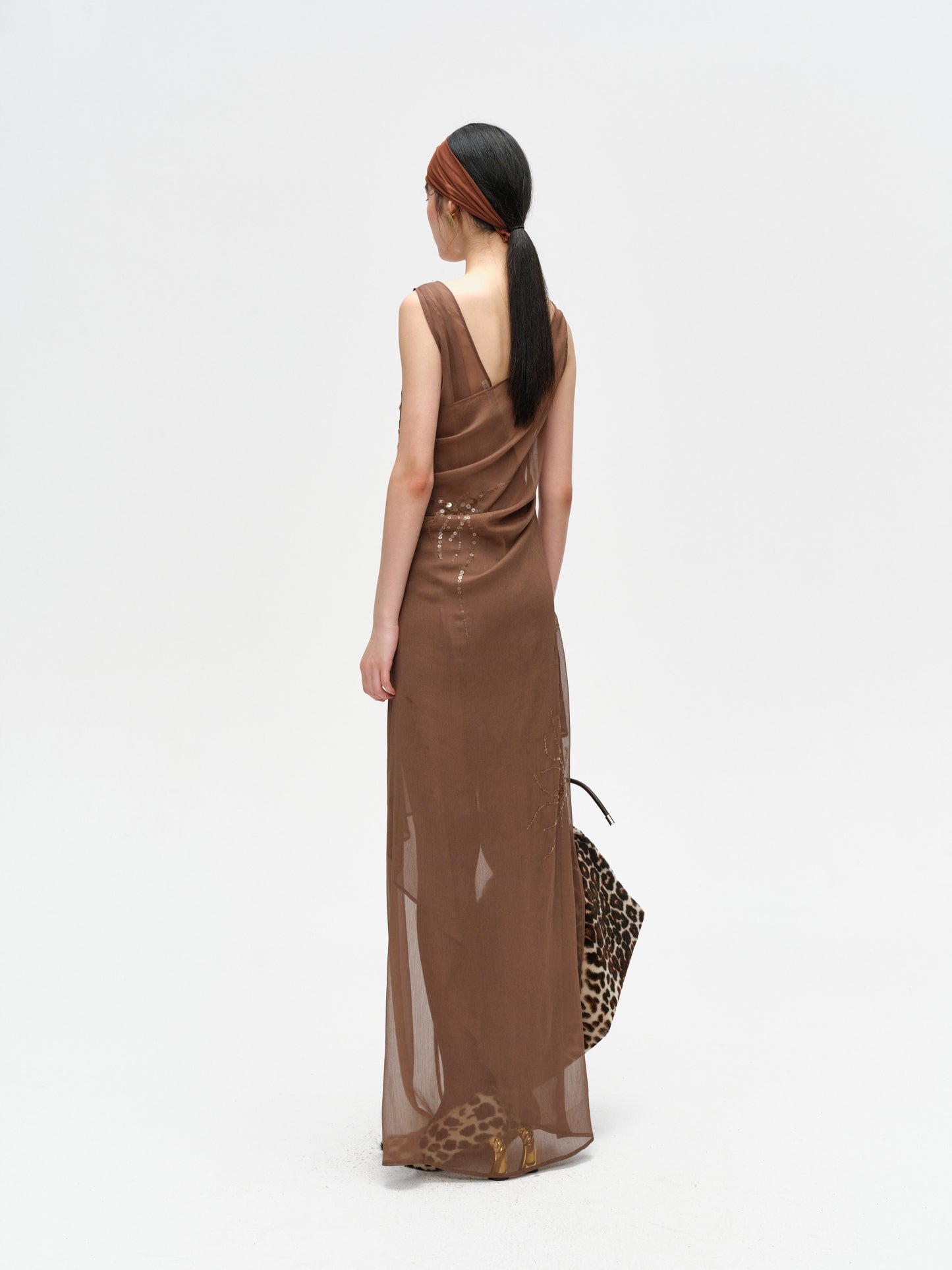 Brown Pleated Shimmering Layered Sheer Dress