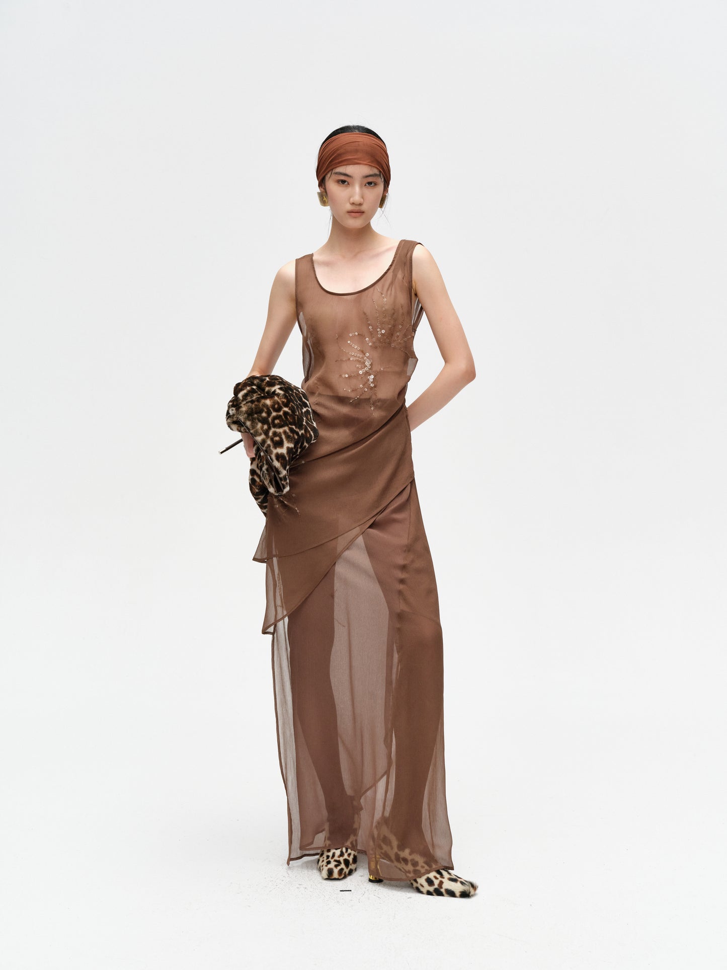 Brown Pleated Shimmering Layered Sheer Dress