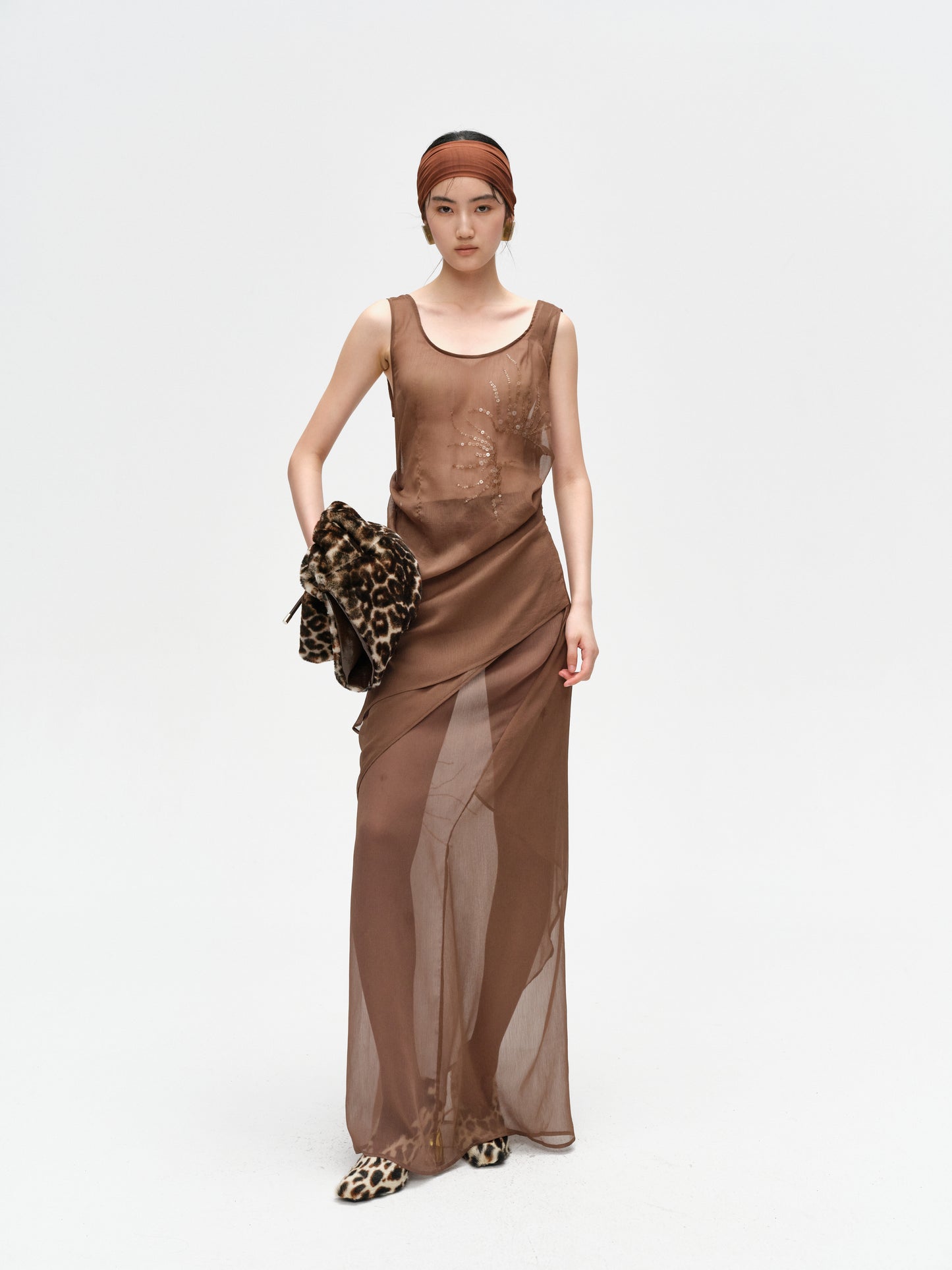 Brown Pleated Shimmering Layered Sheer Dress