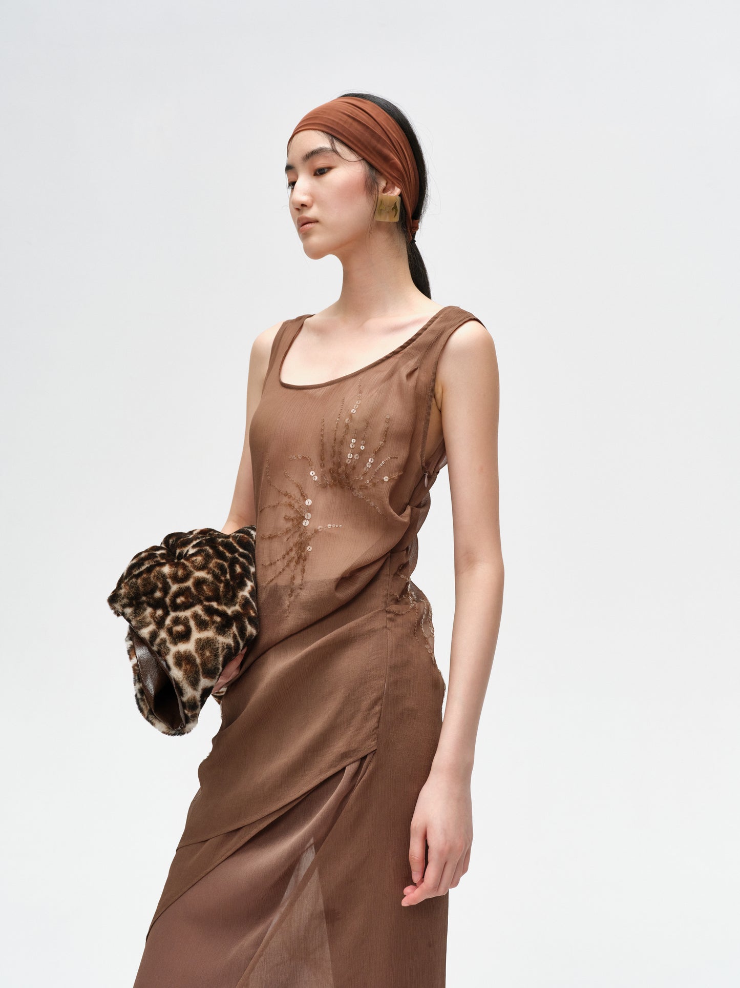 Brown Pleated Shimmering Layered Sheer Dress