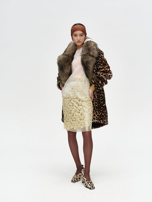 Retro Leopard Print Lamb Leather Collar One-Piece Coat