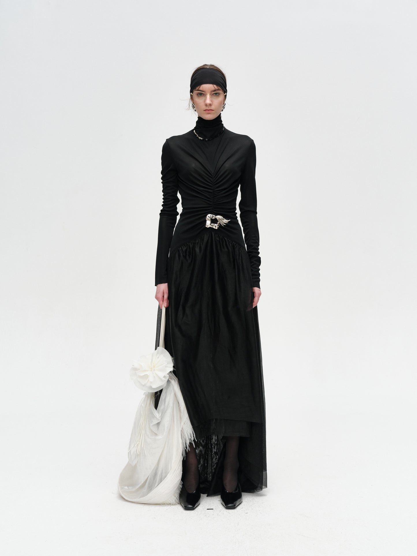 Black Turtleneck Long-Sleeve Pleated Dress