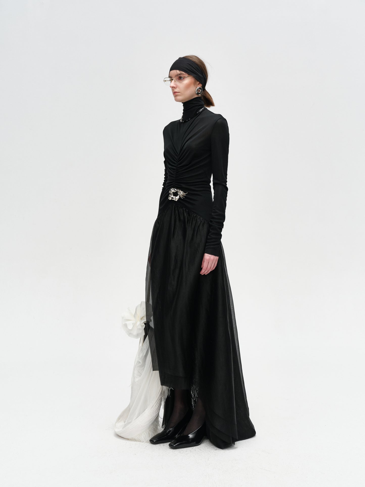 Black Turtleneck Long-Sleeve Pleated Dress