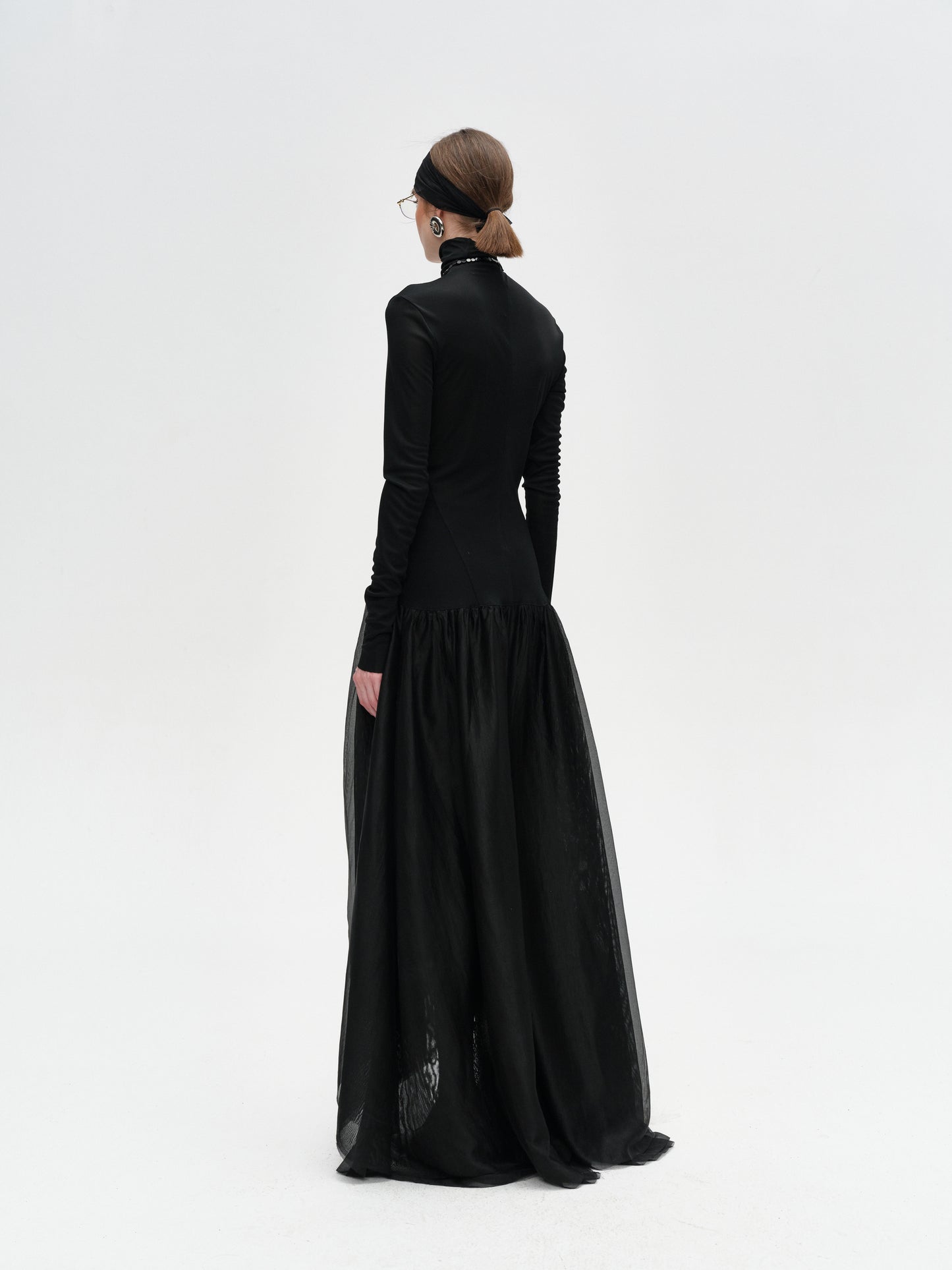 Black Turtleneck Long-Sleeve Pleated Dress