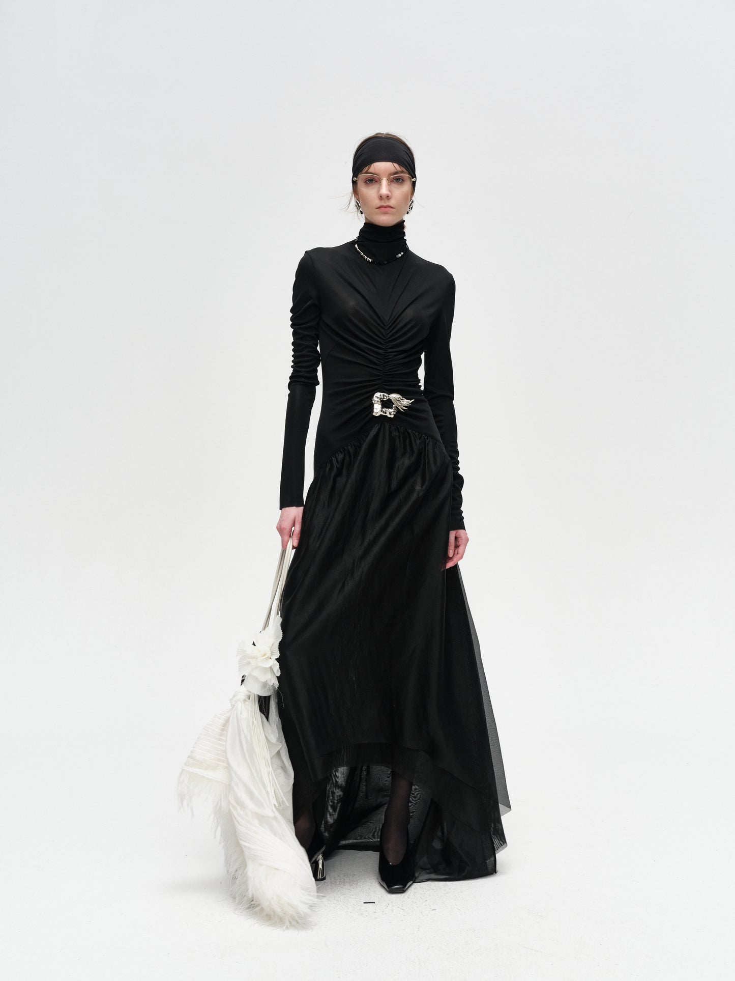 Black Turtleneck Long-Sleeve Pleated Dress