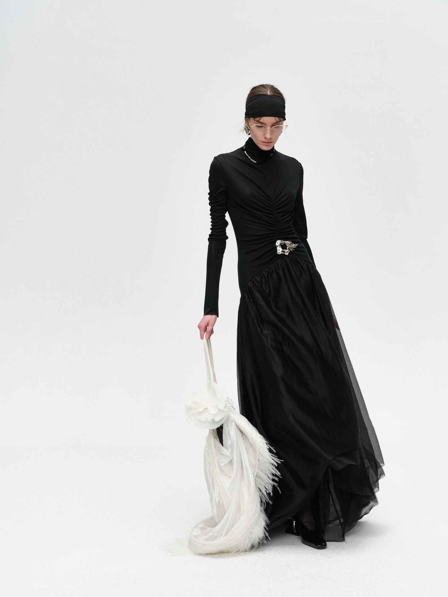 Black Turtleneck Long-Sleeve Pleated Dress