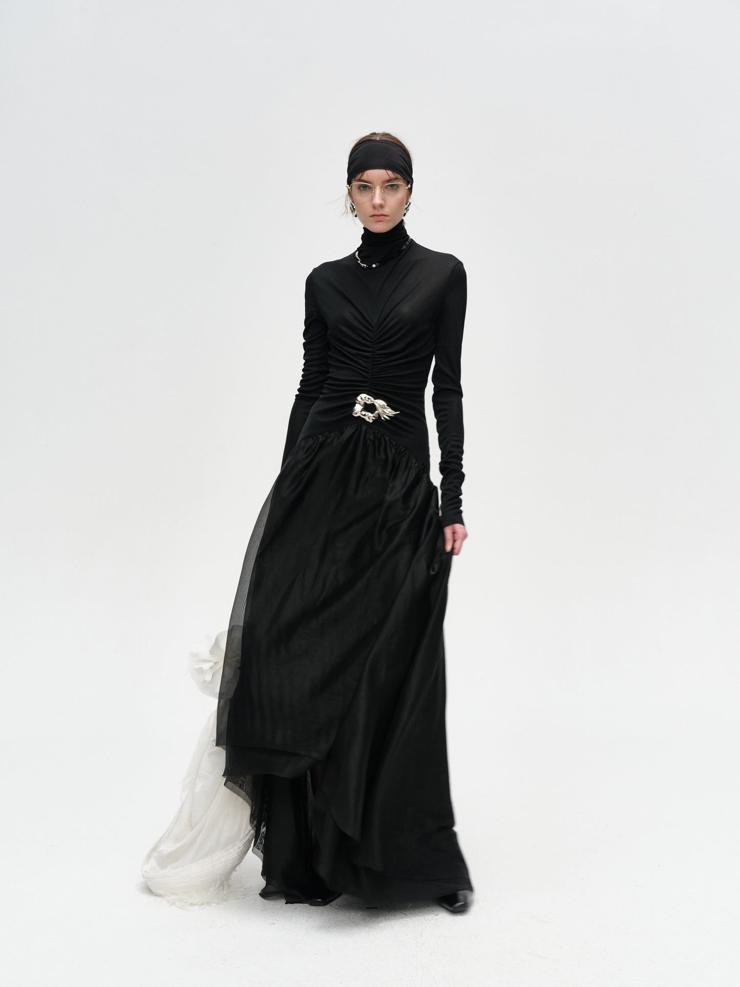 Black Turtleneck Long-Sleeve Pleated Dress