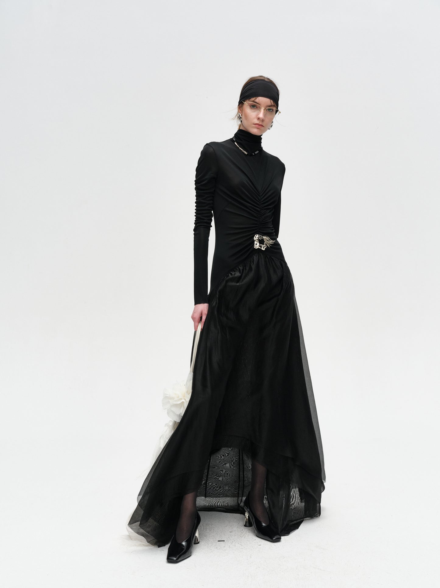 Black Turtleneck Long-Sleeve Pleated Dress