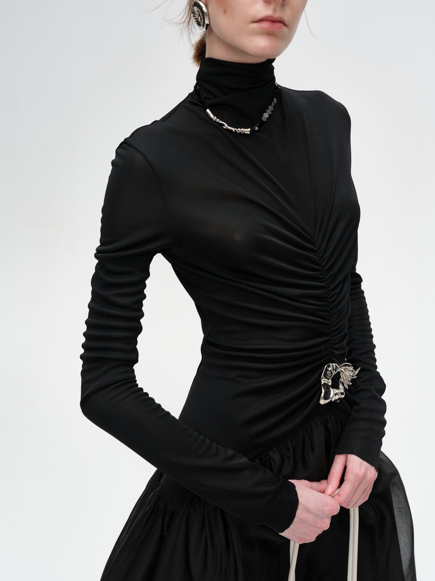 Black Turtleneck Long-Sleeve Pleated Dress