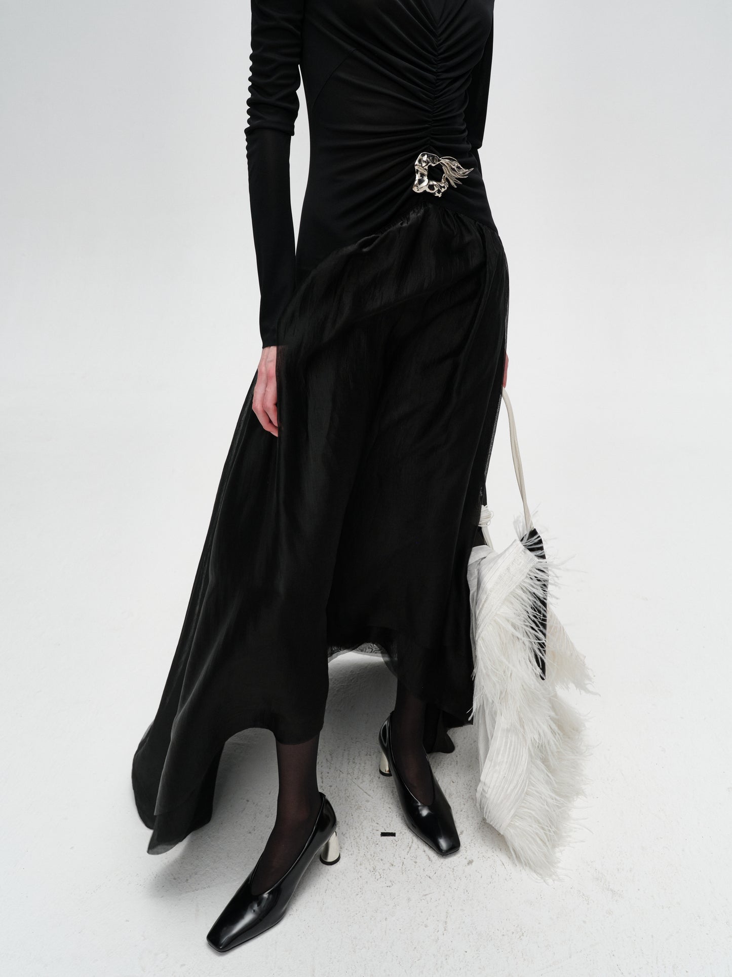 Black Turtleneck Long-Sleeve Pleated Dress