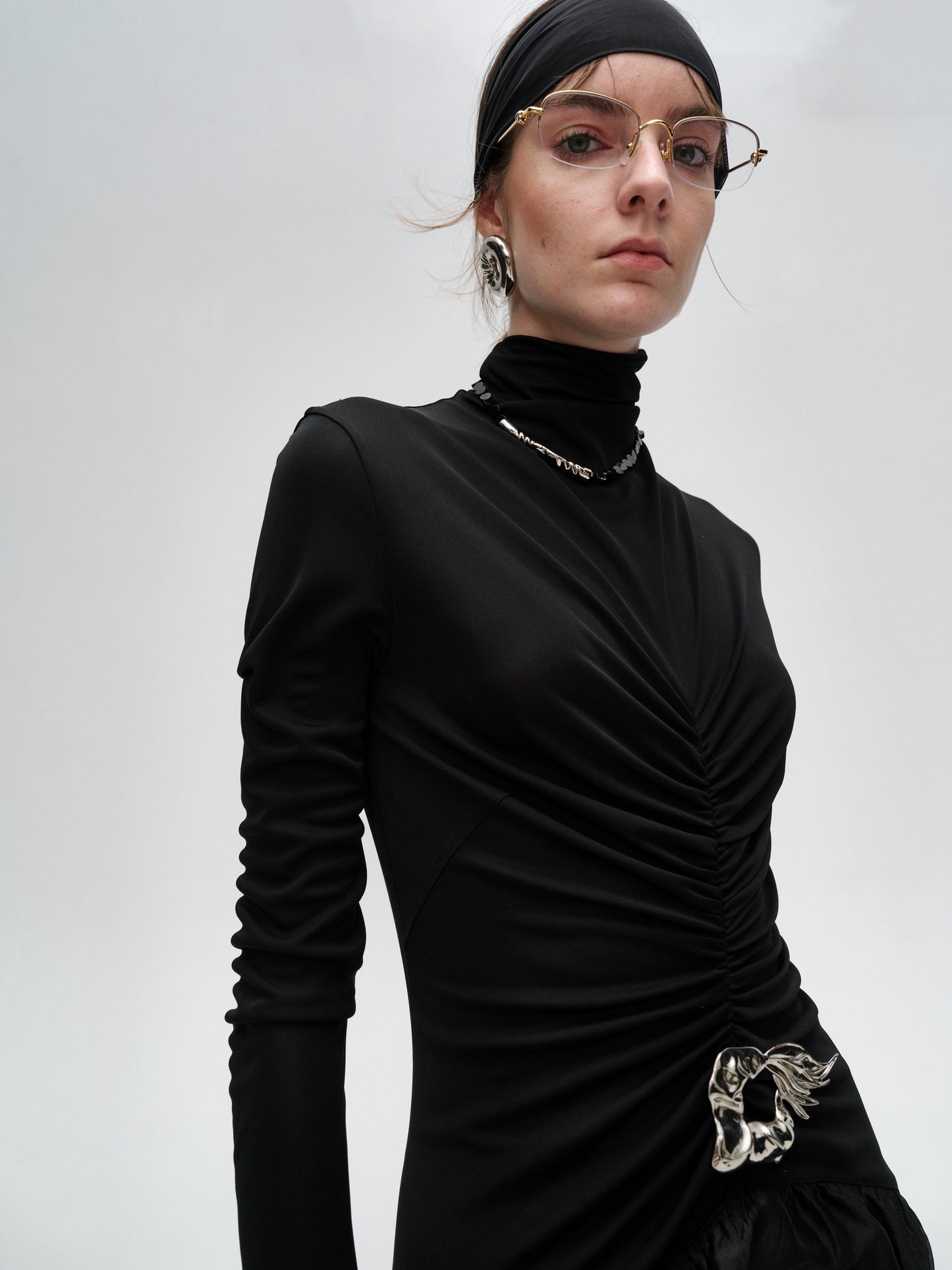 Black Turtleneck Long-Sleeve Pleated Dress