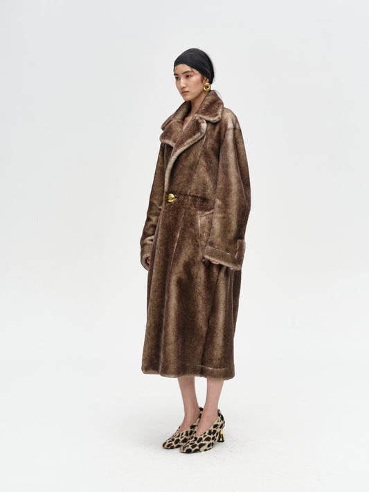 Dark Brown Retro One-Button Lamb Leather One-Piece Coat