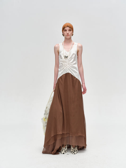 White Brown Color-Blocked Pleated Dress