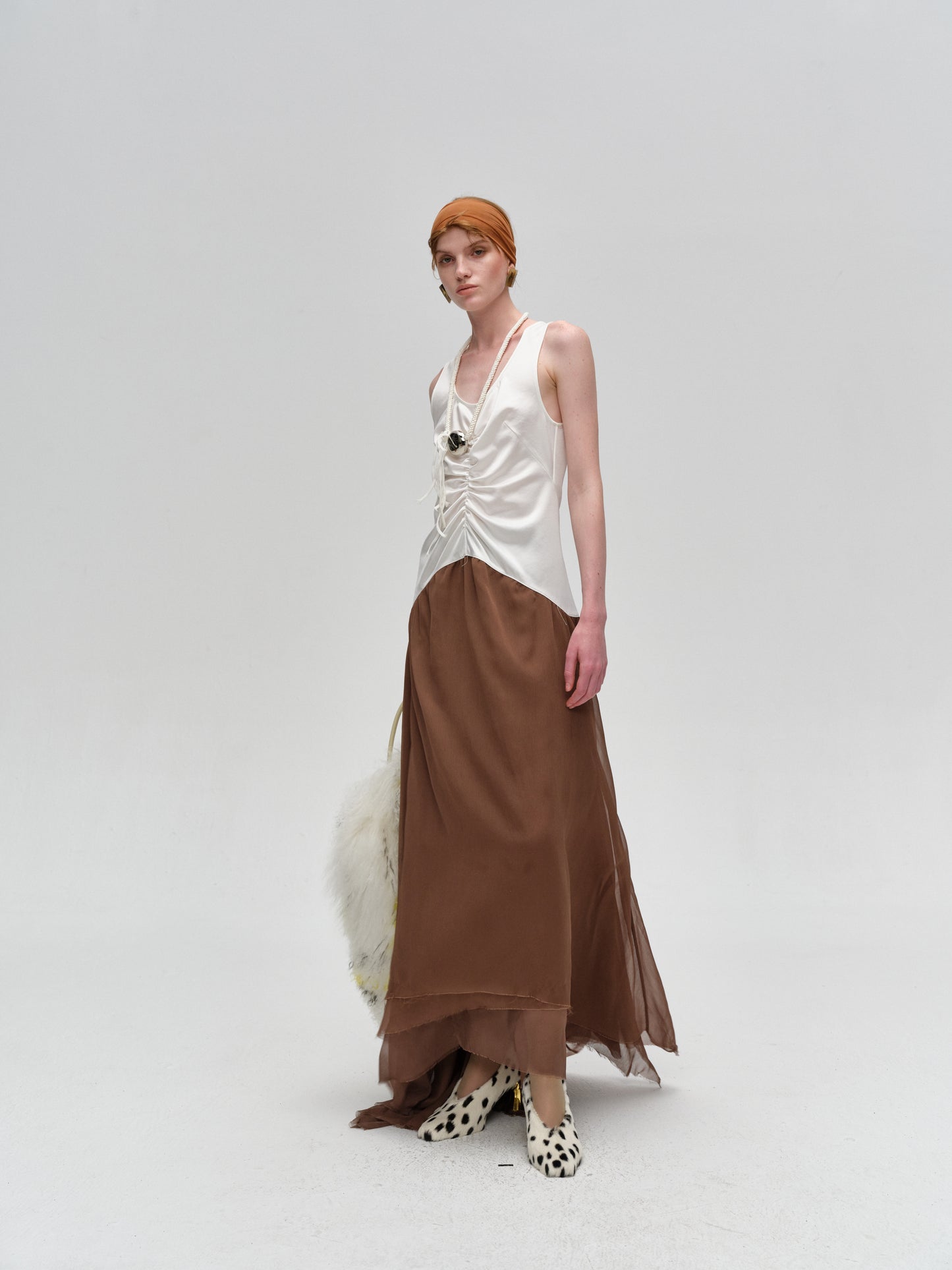 White Brown Color-Blocked Pleated Dress