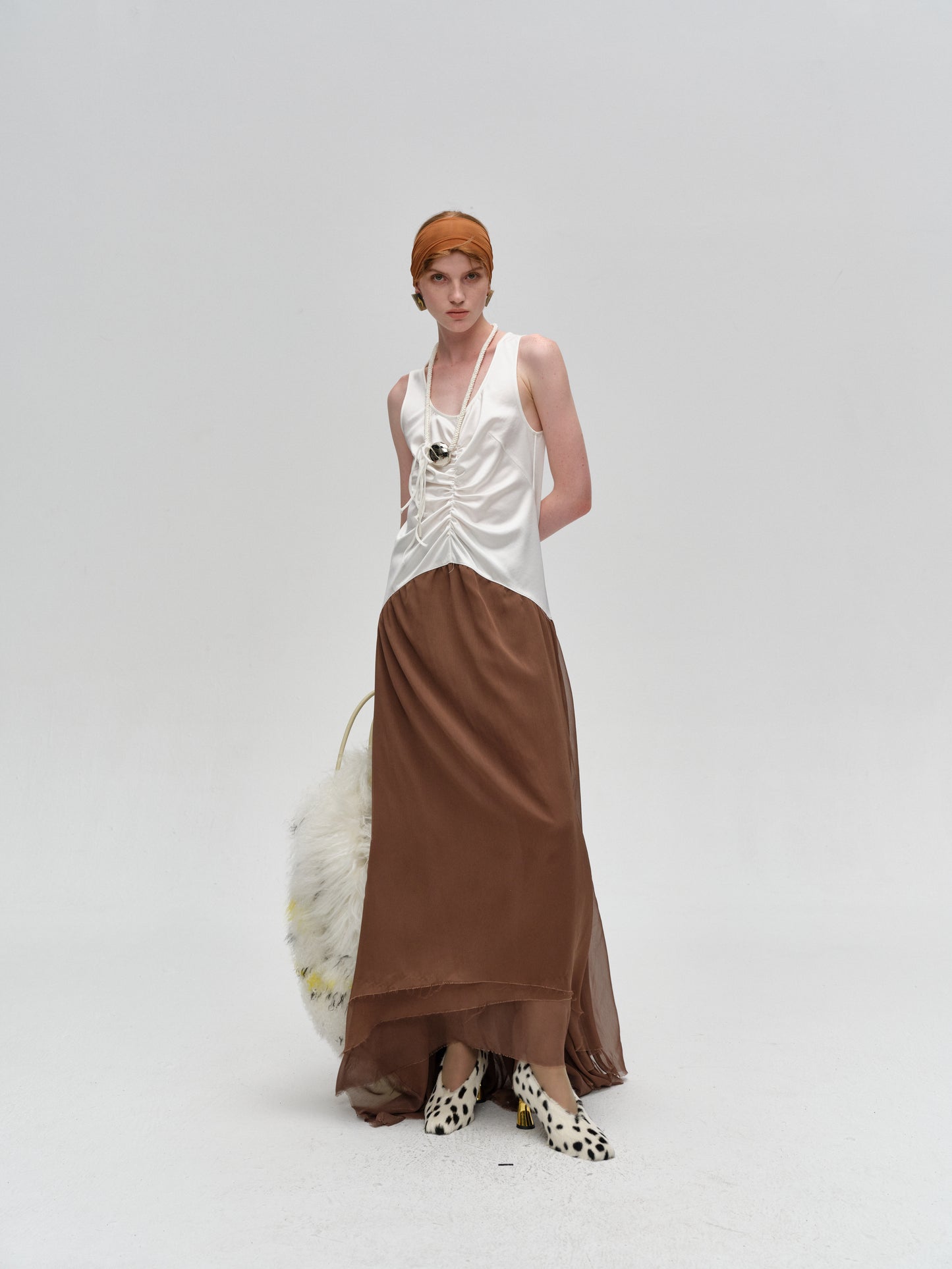 White Brown Color-Blocked Pleated Dress