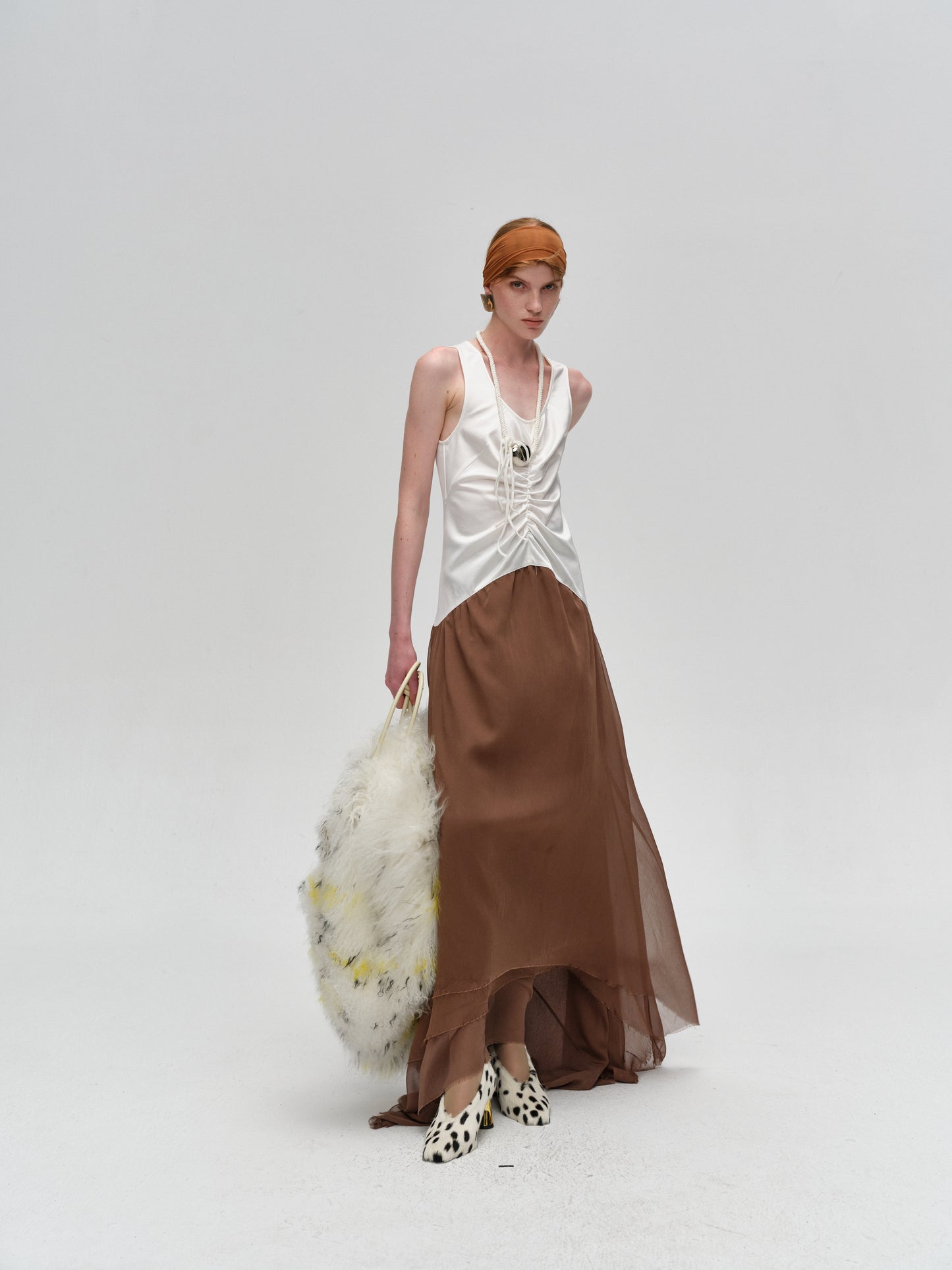 White Brown Color-Blocked Pleated Dress