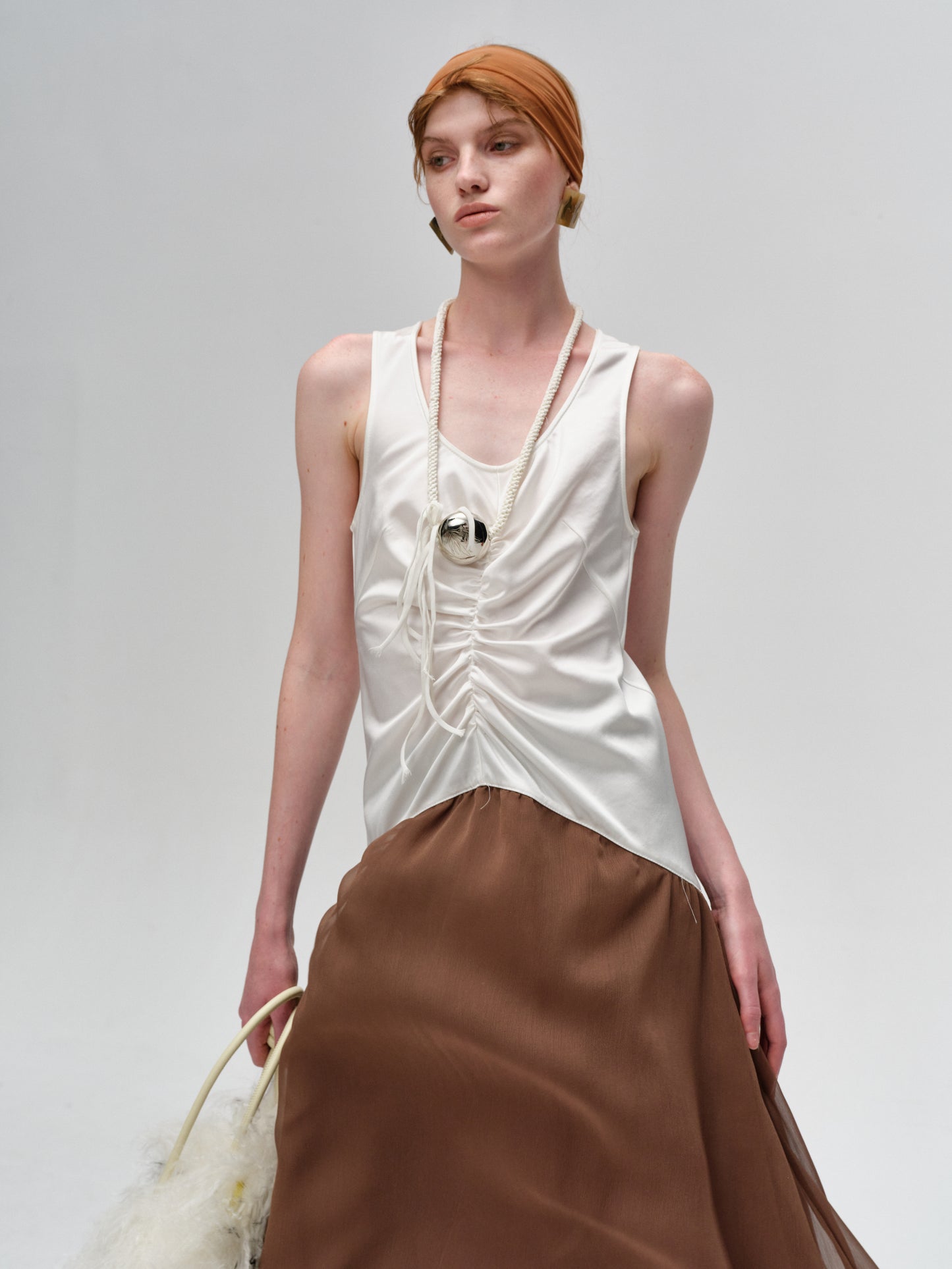 White Brown Color-Blocked Pleated Dress