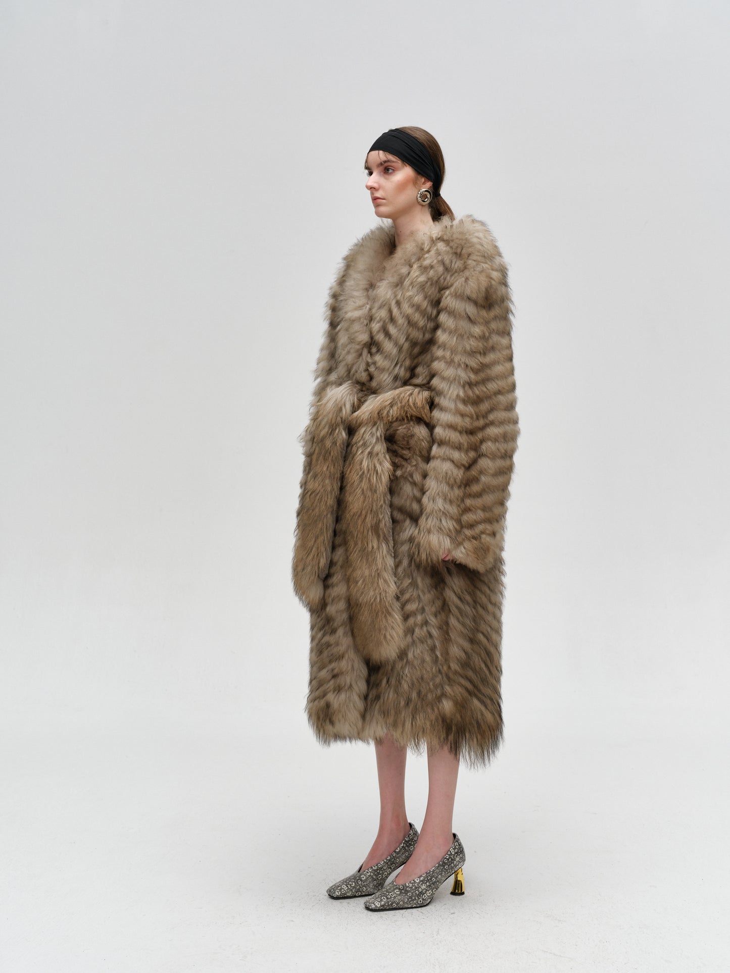 Brown Fish Scale Pattern Long Lamb Leather Grass Coat