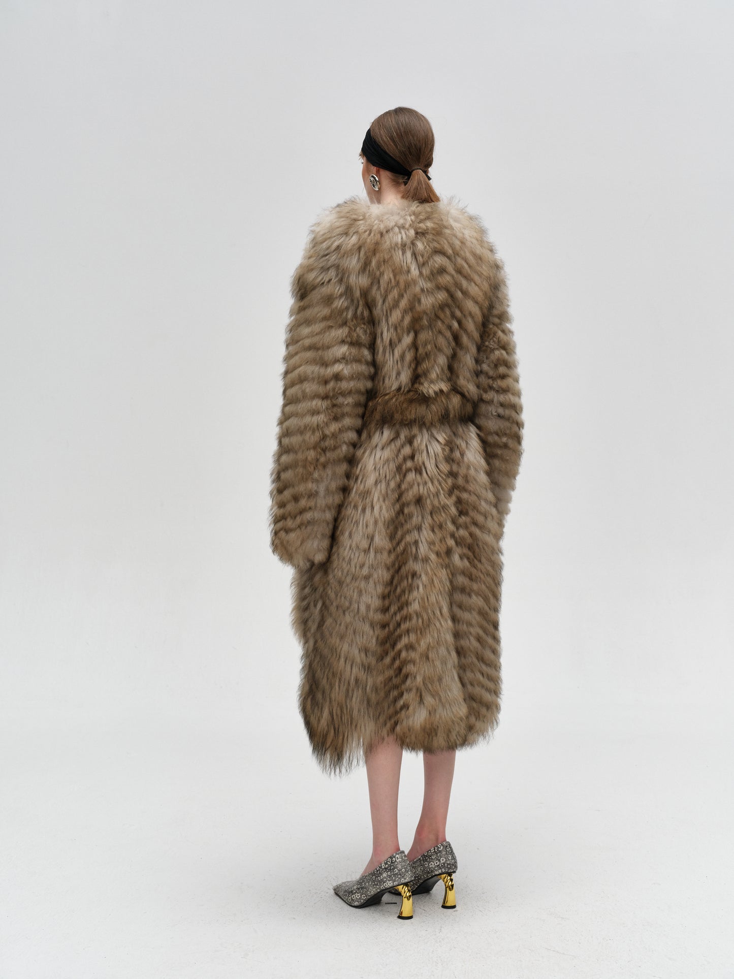 Brown Fish Scale Pattern Long Lamb Leather Grass Coat