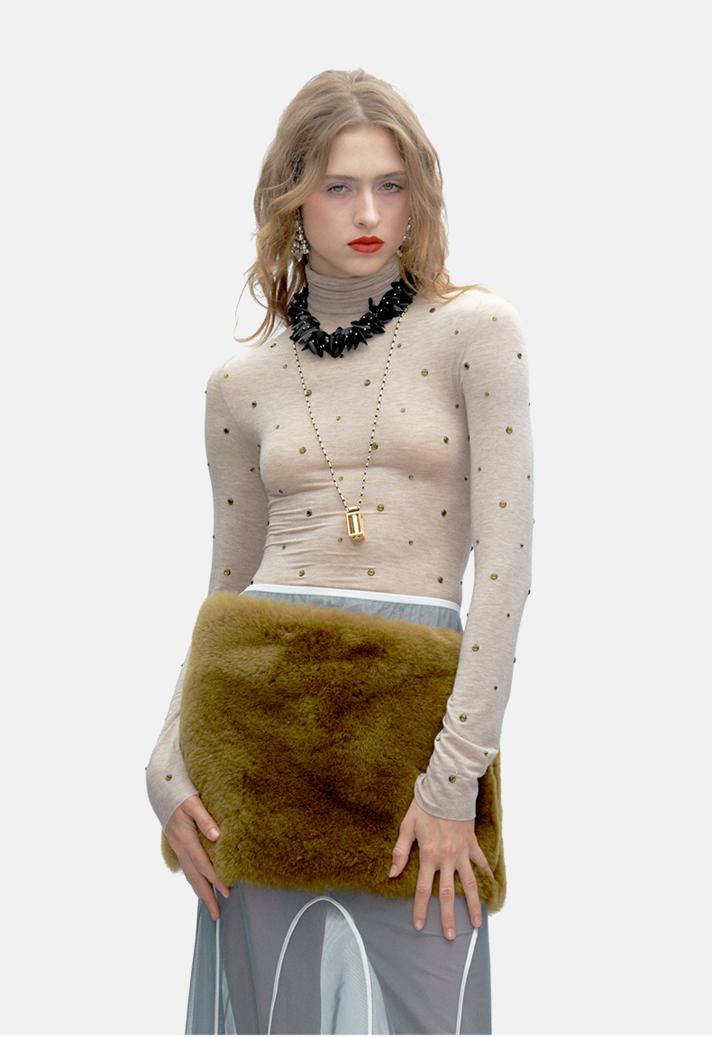 Light Khaki Rhinestone Slim Turtleneck Wool-Blend Top