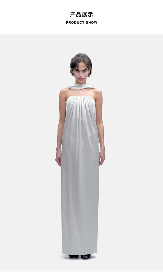 Zebra Print Embroidery Halter Open Back Dress High Sense White Gray Women Long Dress
