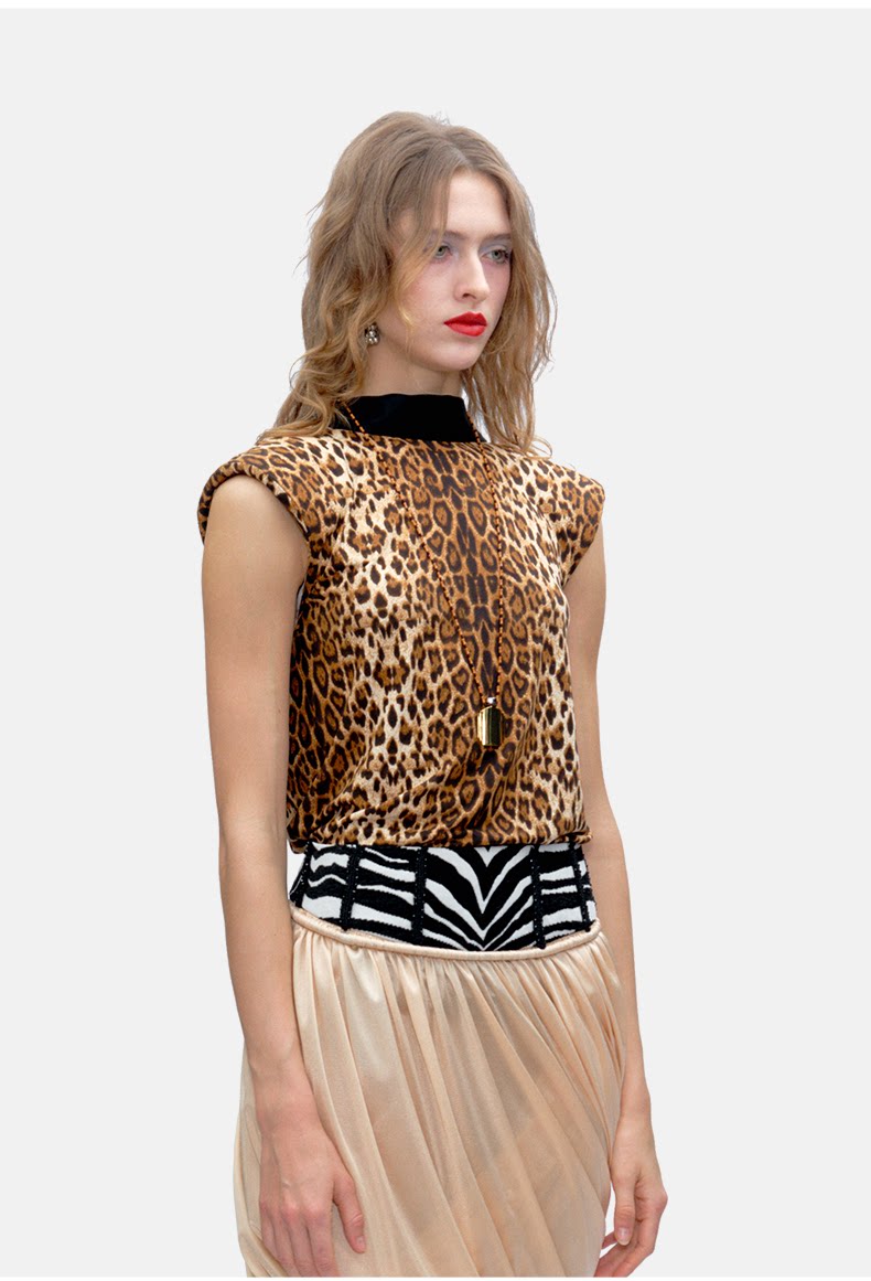 Leopard Print Sleeveless High Neck Mock Neck Split Open Back Layering Outerwear Top Vest Women