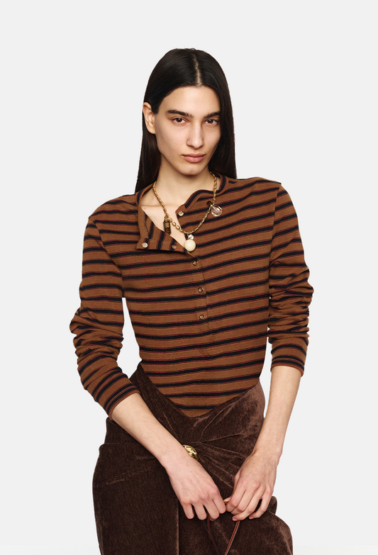 Brown Distressed Wave Collar Striped Long-Sleeve Tee