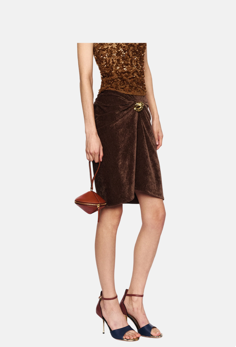 Dark Brown Horsehair Gold Buttons Ruched Velvet Midi Skirt