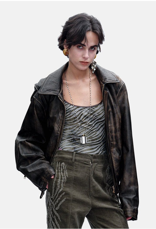 Street Style Vintage Distressed Rubbed Color Genuine Leather Jacket